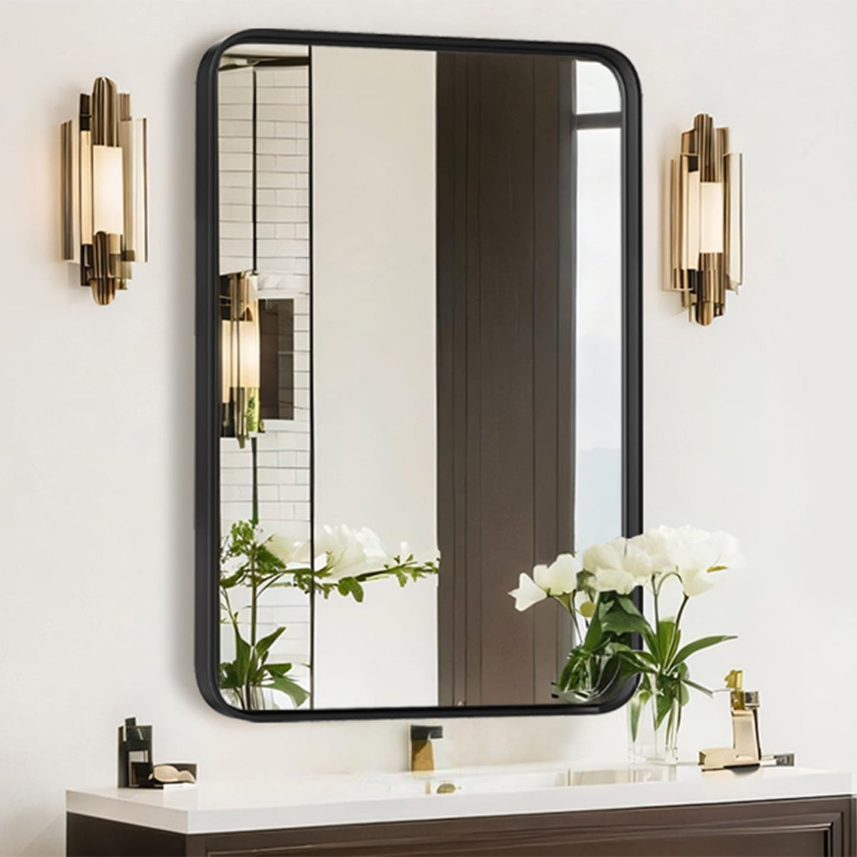 Atilioo 30x22 mirror frame closeup showing rust-resistant matte black finish