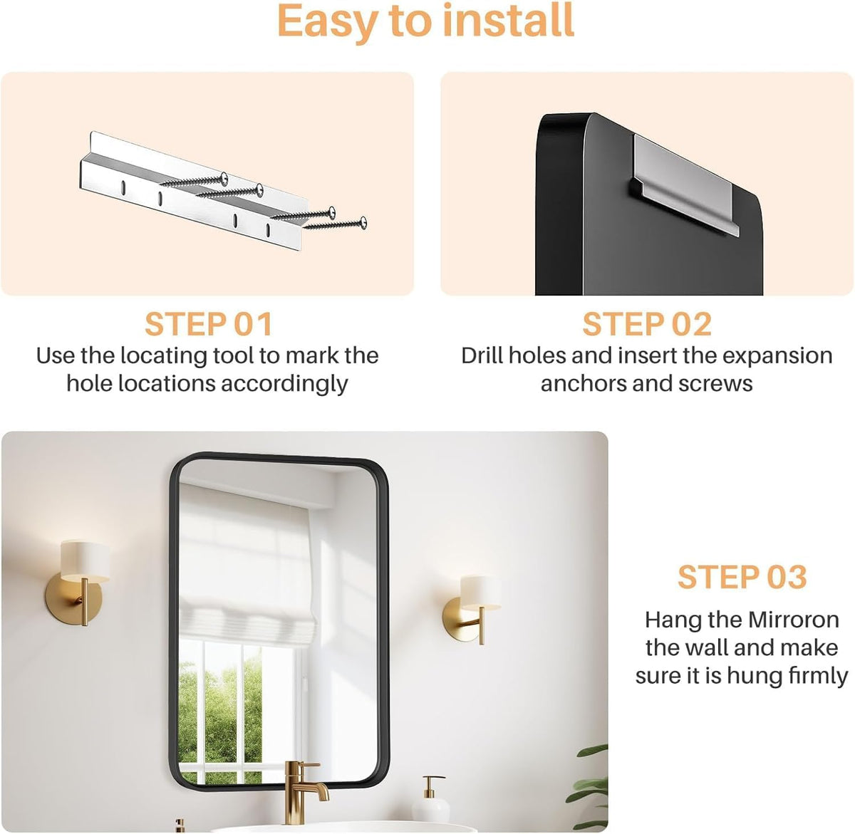 Atilioo matte black frame anti rust bathroom mirror detail