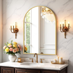 Atilioo arched bathroom mirror with matte gold frame for a stylish vanity setup.