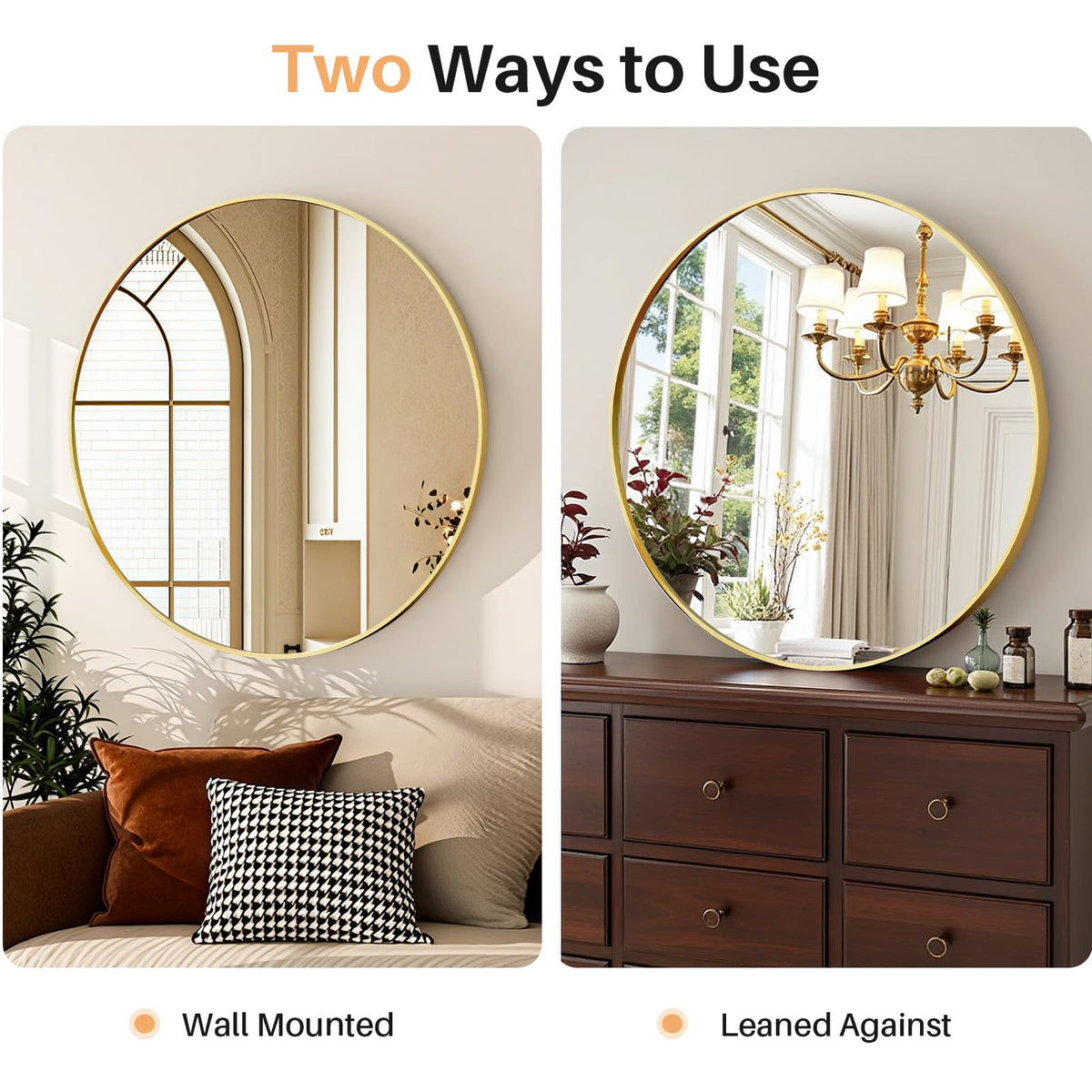 Atilioo brushed texture matte gold frame round mirror suitable for various decors.