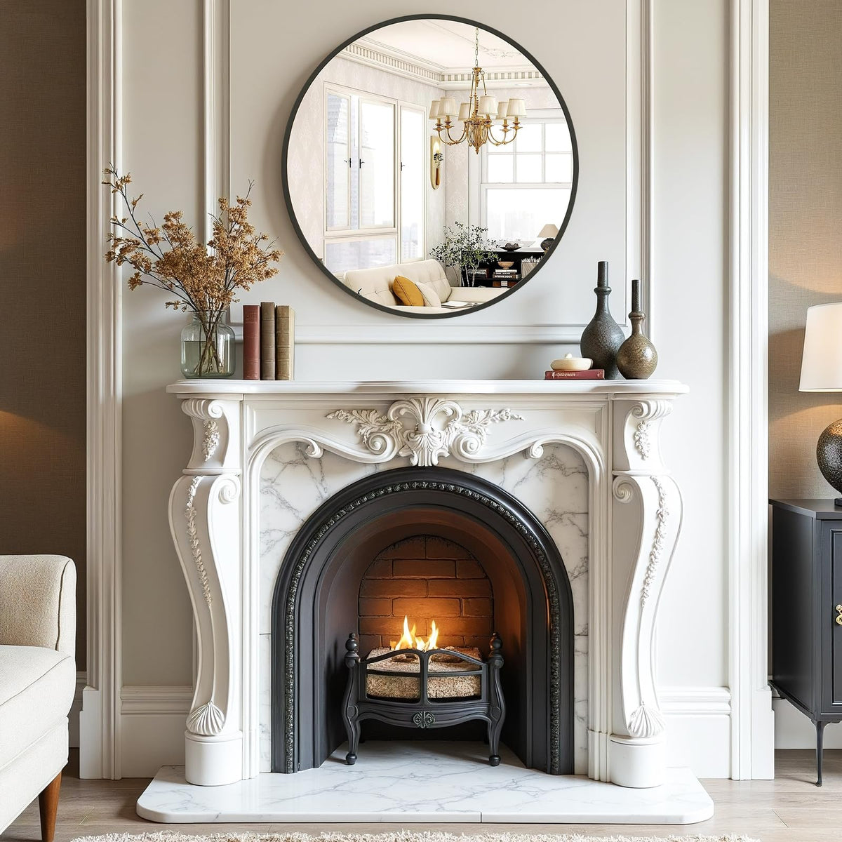 Round mirror with matte black aluminum frame adding modern style and rust resistance