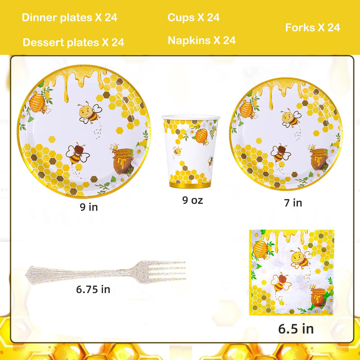 Atonofun bee-design plates with daisies and gold foil add elegant bee-themed decor.