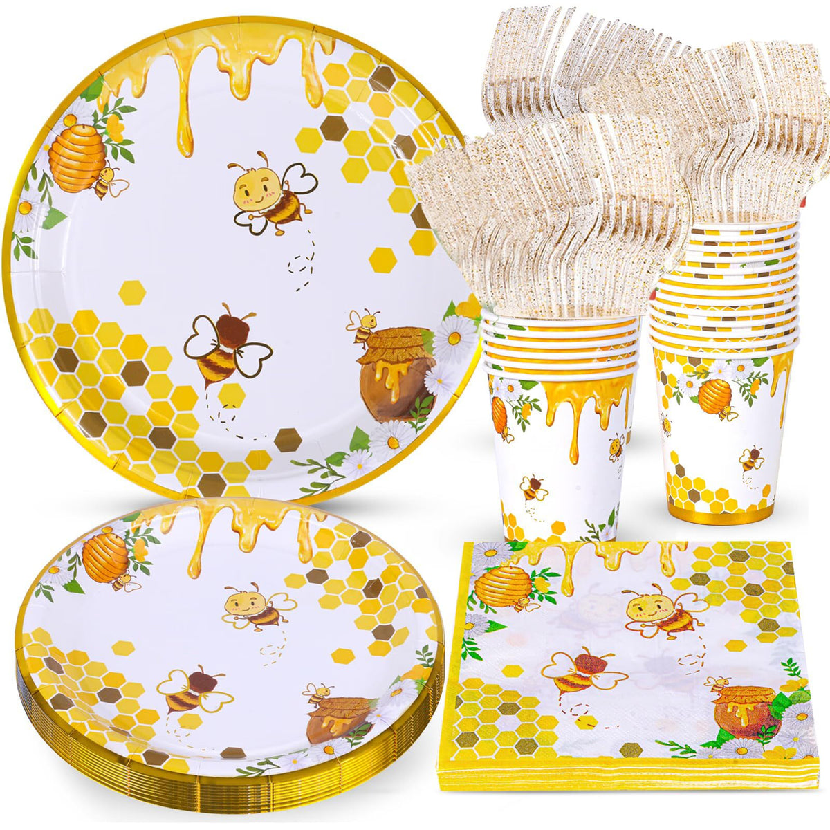 Atonofun bee party dinnerware 24-piece set in a coordinated table setting.