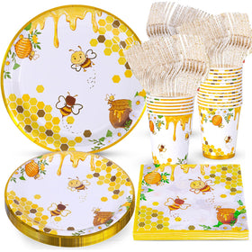 Atonofun bee party dinnerware 24-piece set in a coordinated table setting.