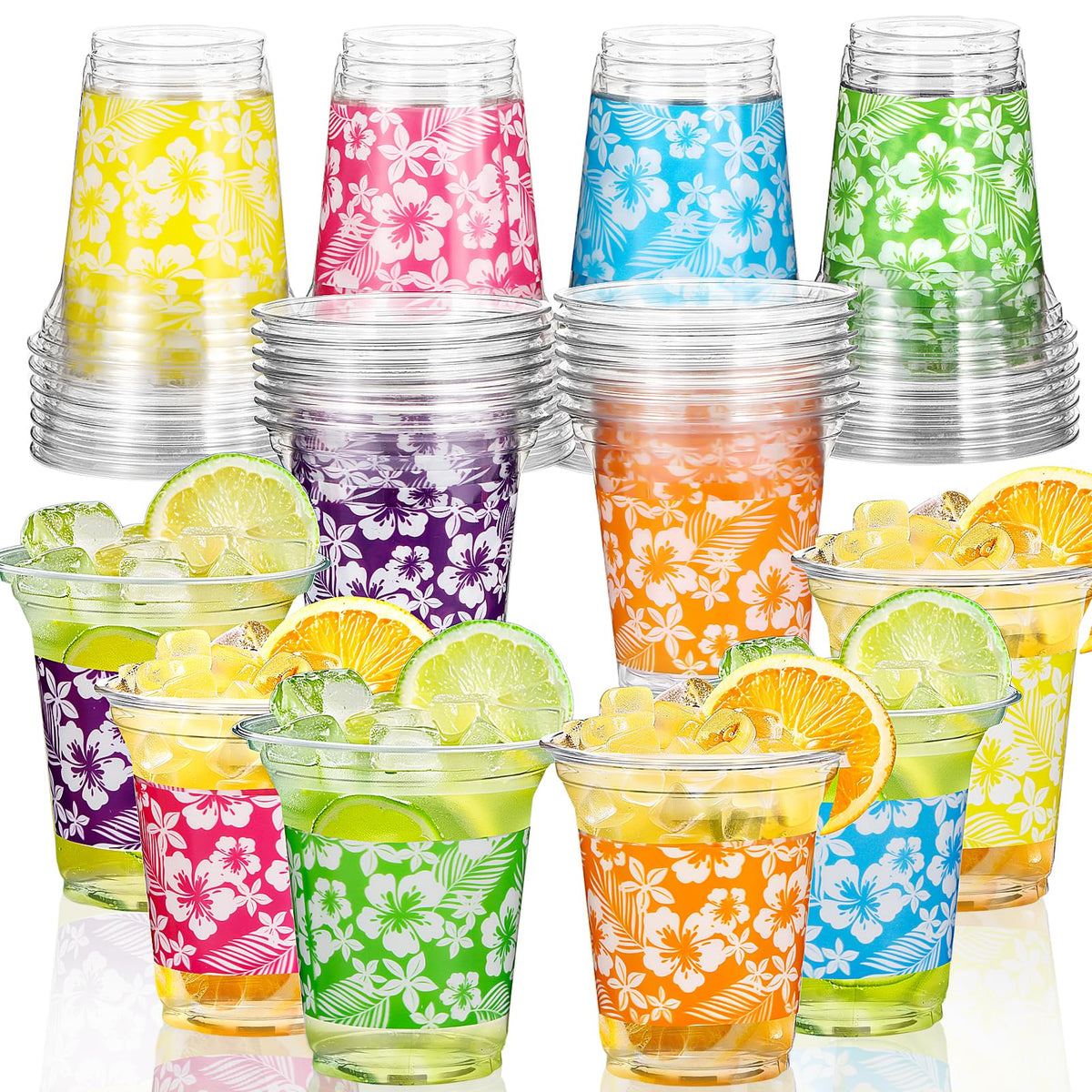 Atonofun Hawaiian Luau cups with colorful flowers for tropical beverages
