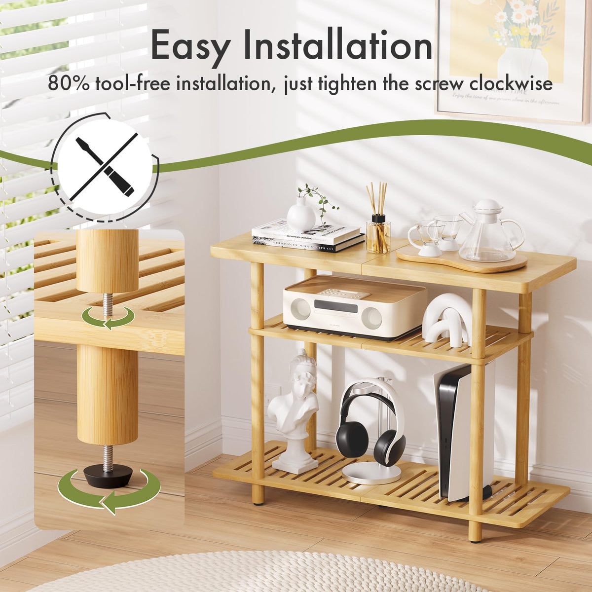 Atoping Bamboo TV Stand easy assembly with labeled parts