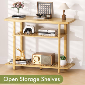 Atoping Bamboo TV Stand cable management holes hide cords neatly