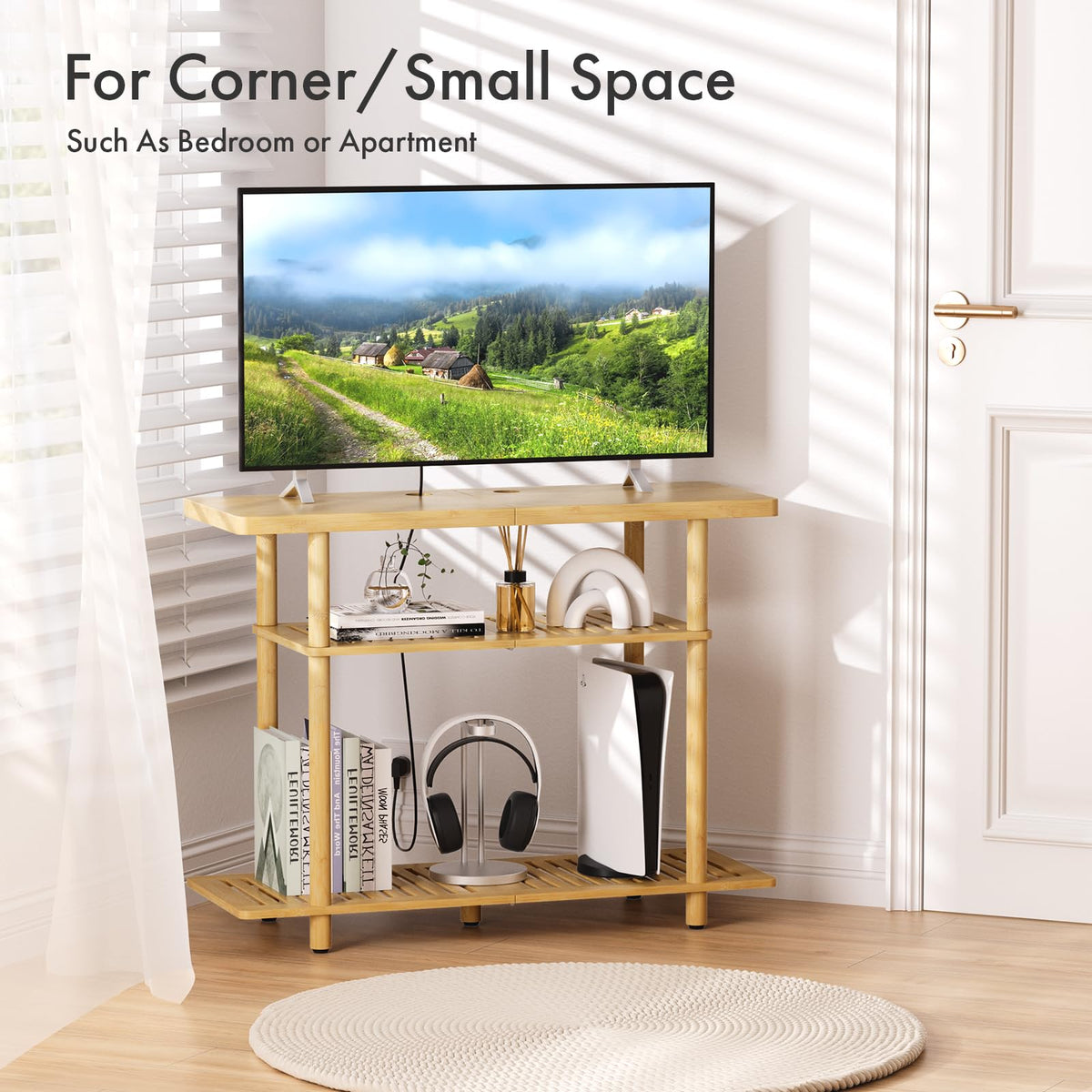 Atoping Bamboo TV Stand natural bamboo finish blends with decor