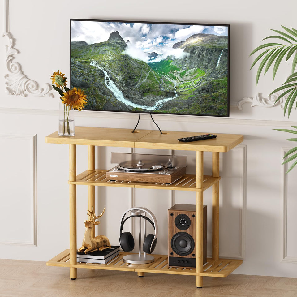 Atoping Bamboo TV Stand top surface supports up to 60 lbs with warm finish