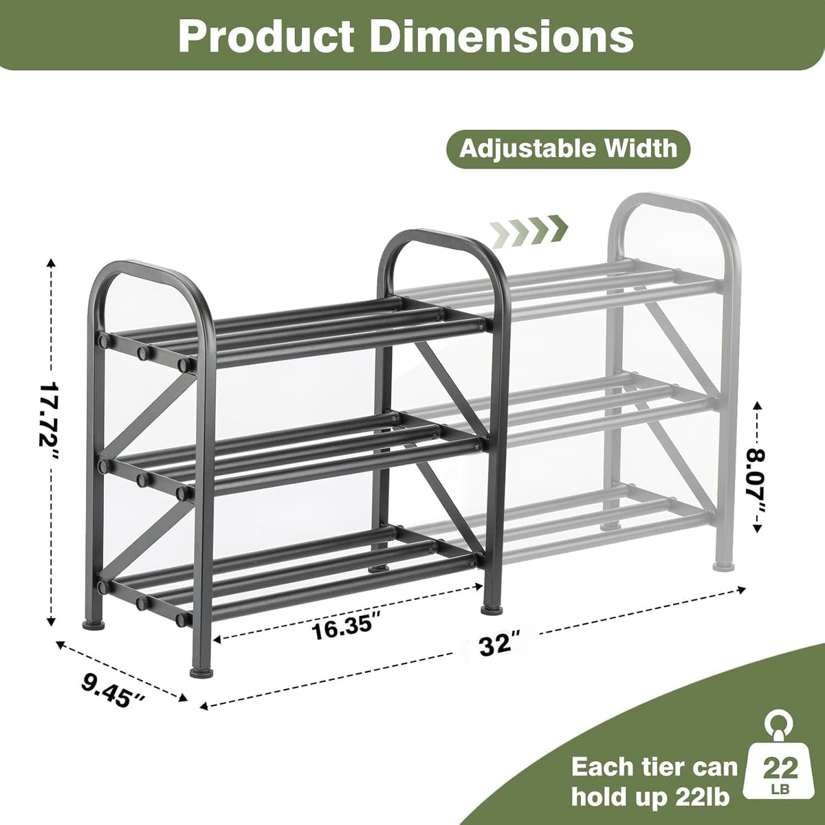 Atrastout expandable shoe rack extended to 32 inches for flexible space.