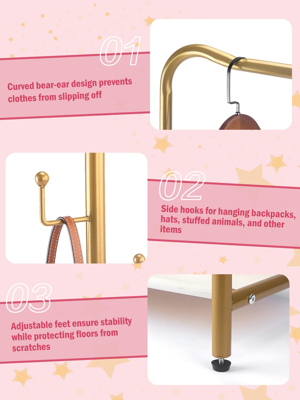 Atrastout gold hanger-ends demonstrate room for bags and hats.