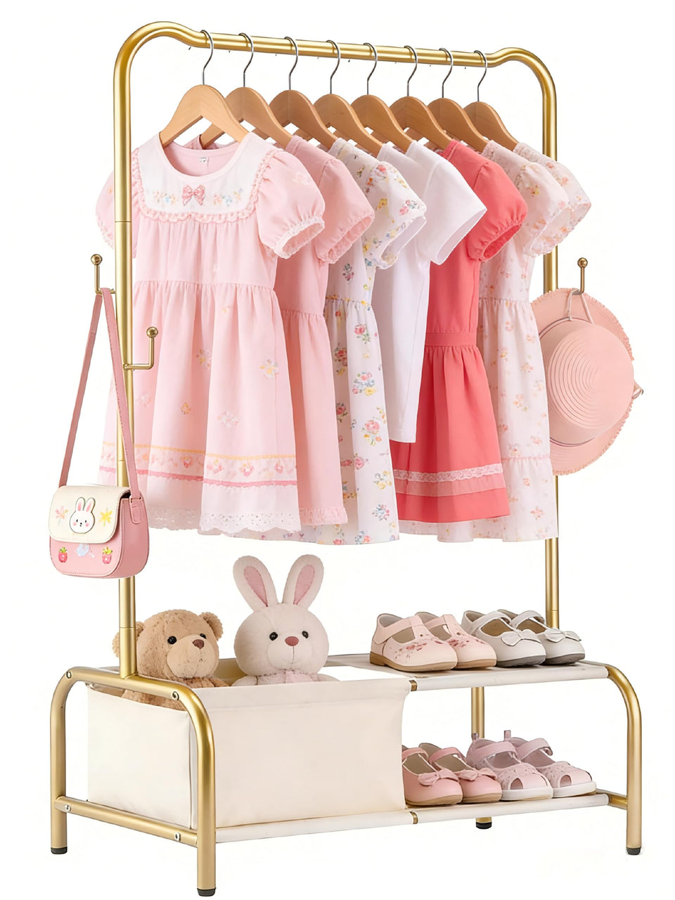 Atrastout Kids Clothing Rack gold side view highlights sturdy metal frame for active toddlers.
