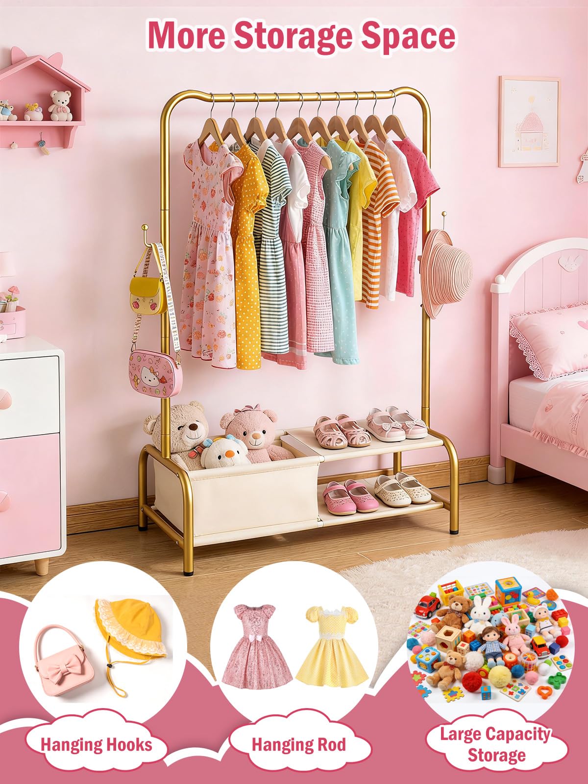Atrastout gold storage-shelf captures extra space for shoes and bins.