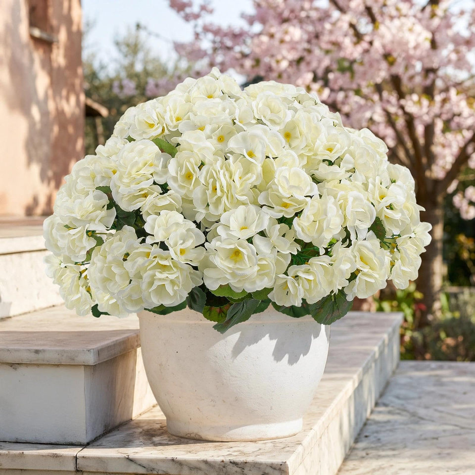 ATTGREAT white artificial geraniums for outdoor planters deliver year-round color.