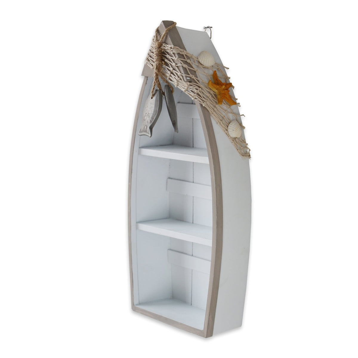 Attraction Design wooden boat shelf front view with shell accents adds coastal charm