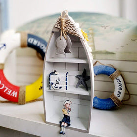Attraction Design boat shelf side view showcases decorative net detail and sturdy wood