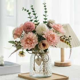 Aubcee dahlia-eucalyptus vase arrangement for elegant living room decor