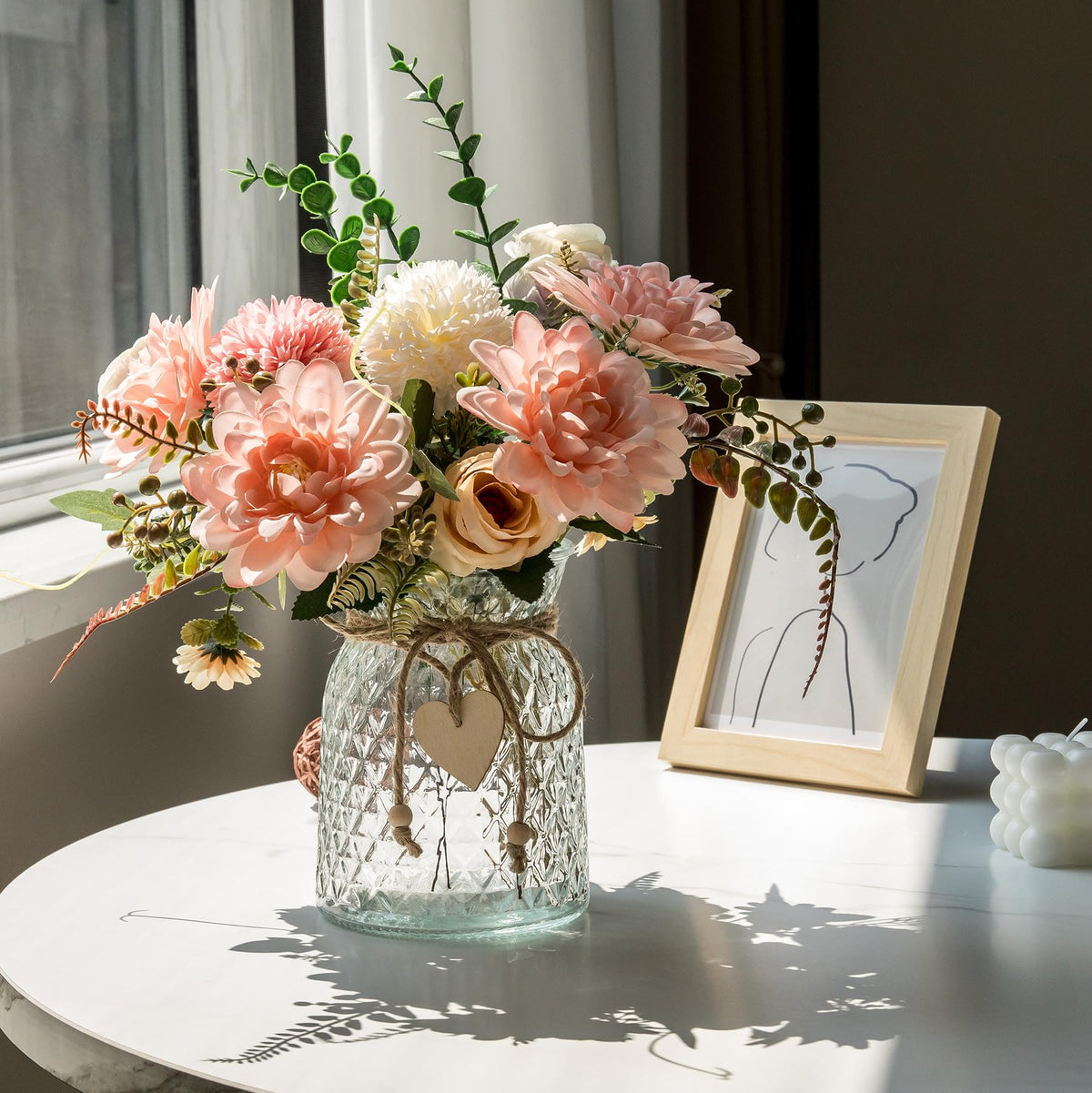 Aubcee silk-peony vase arrangement with hemp rope accents for farmhouse decor