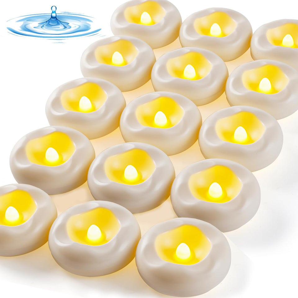 Auemaniliy floating candle on water showing long-lasting warm glow for centerpieces.