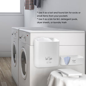 Slim bin fits between washer and dryer for space-saving storage.