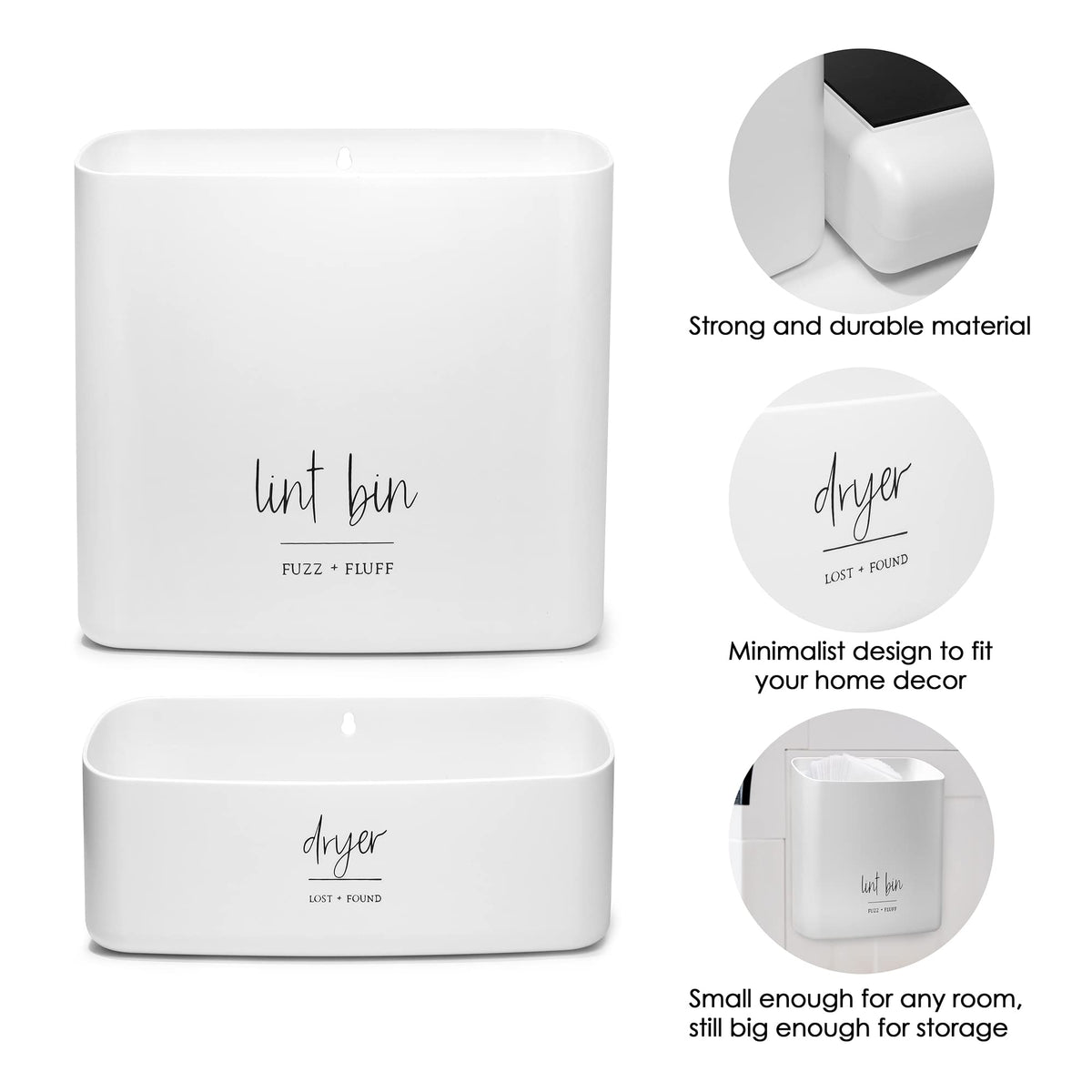 Two-bin magnetic set offers flexible organization for laundry spaces.