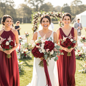 Auihiay burgundy hydrangea wedding decor adds depth to arches and backdrops.