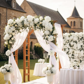 Auihiay ivory hydrangea arch decoration setup.