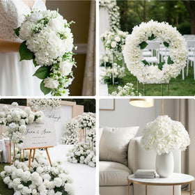 Auihiay ivory hydrangea kissing ball used in sophisticated event decor.