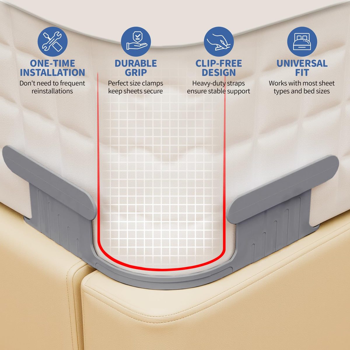 AUKCLAX heavy-duty sheet straps attach once for easy, long-lasting sheet maintenance.