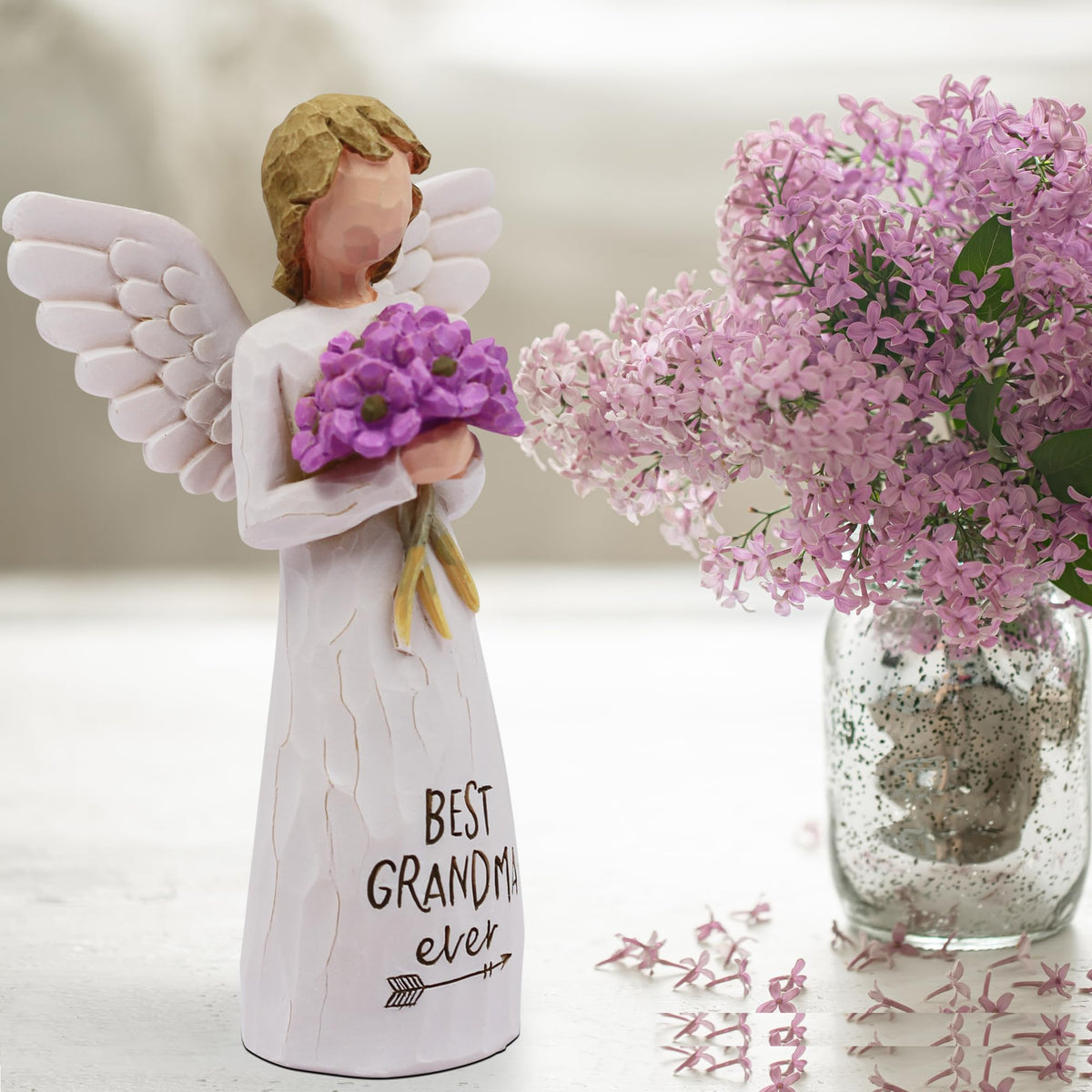 AUKEST Hand-painted grandma figurine with purple blooms, a charming decor accent.
