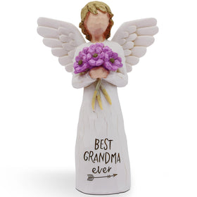 AUKEST Grandmother statue with purple flowers, ideal for shelf display and gifting.