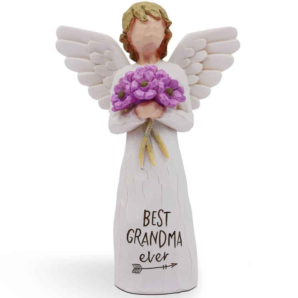 AUKEST Grandmother statue with purple flowers, ideal for shelf display and gifting.
