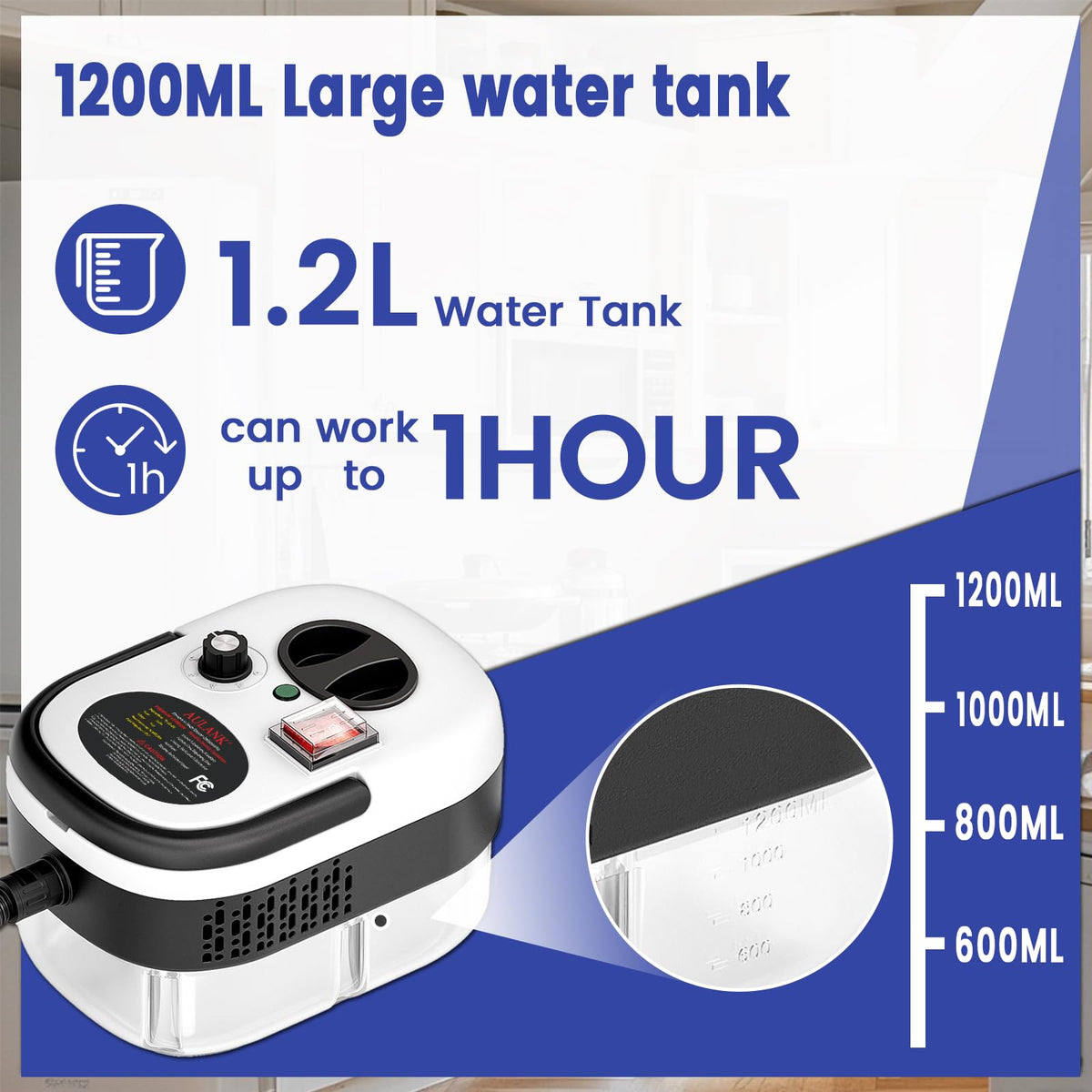 AULANK 2m steam hose and 1.2L tank for extended cleaning.