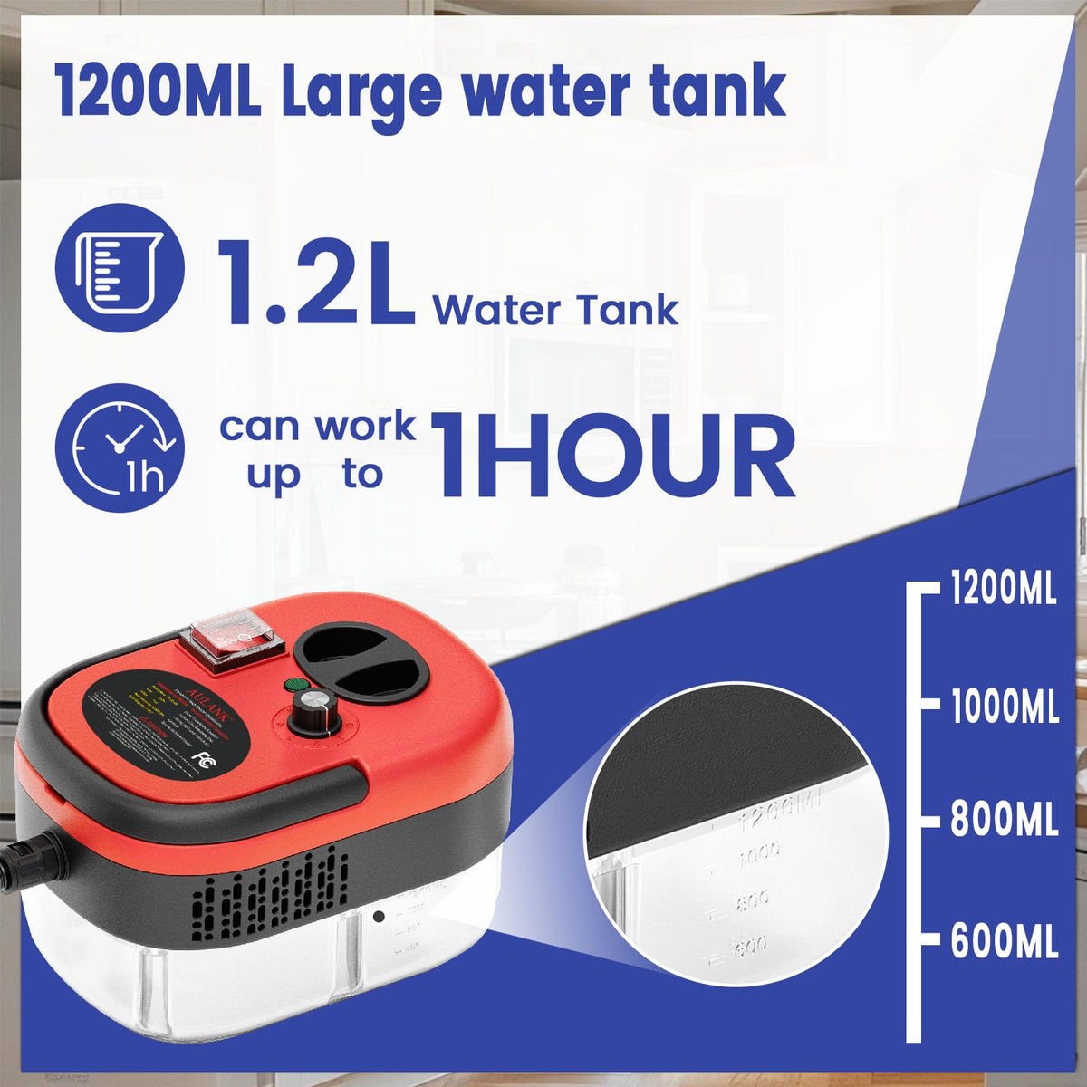 AULANK steam cleaner with 1.2L tank for extended cleaning sessions.