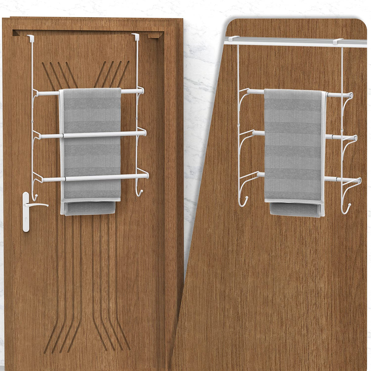 AULEDIO white, door-mounted rack in a compact bathroom keeping essentials within easy reach