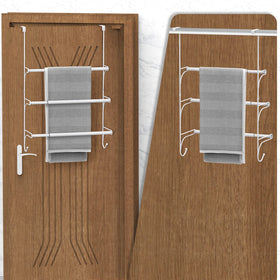 AULEDIO white, door-mounted rack in a compact bathroom keeping essentials within easy reach