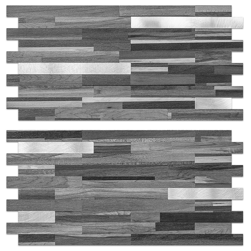 AULIGET peel-and-stick backsplash tiles with black and grey wood texture for quick kitchen update.
