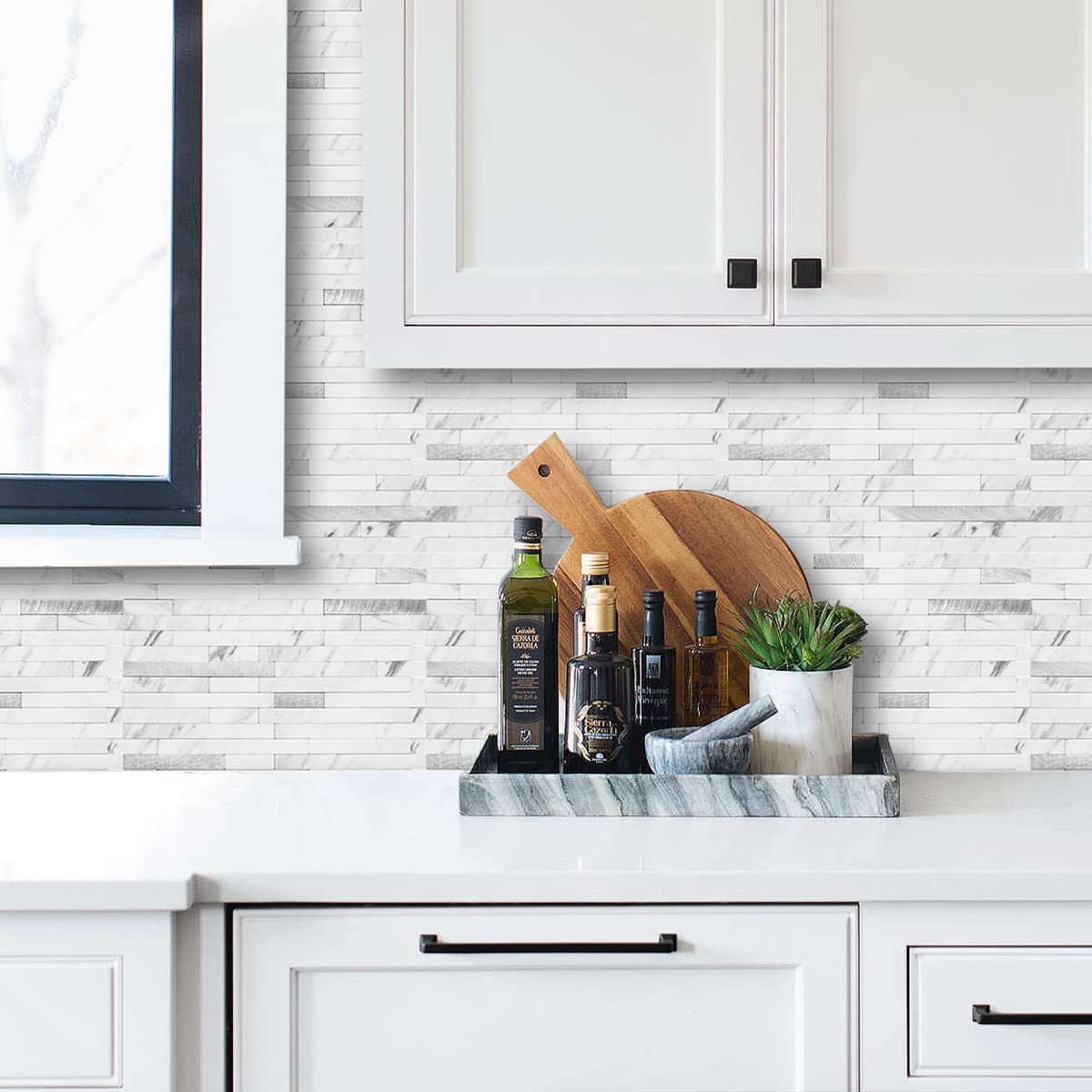 AULIGET stone-look PVC backsplash tiles with textured surface in a modern kitchen