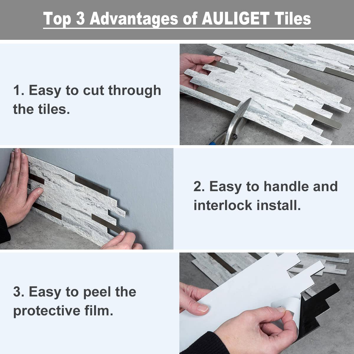AULIGET waterproof kitchen backsplash tiles shown against a sink area