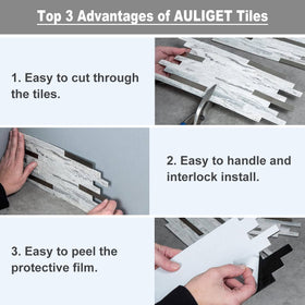 AULIGET waterproof kitchen backsplash tiles shown against a sink area