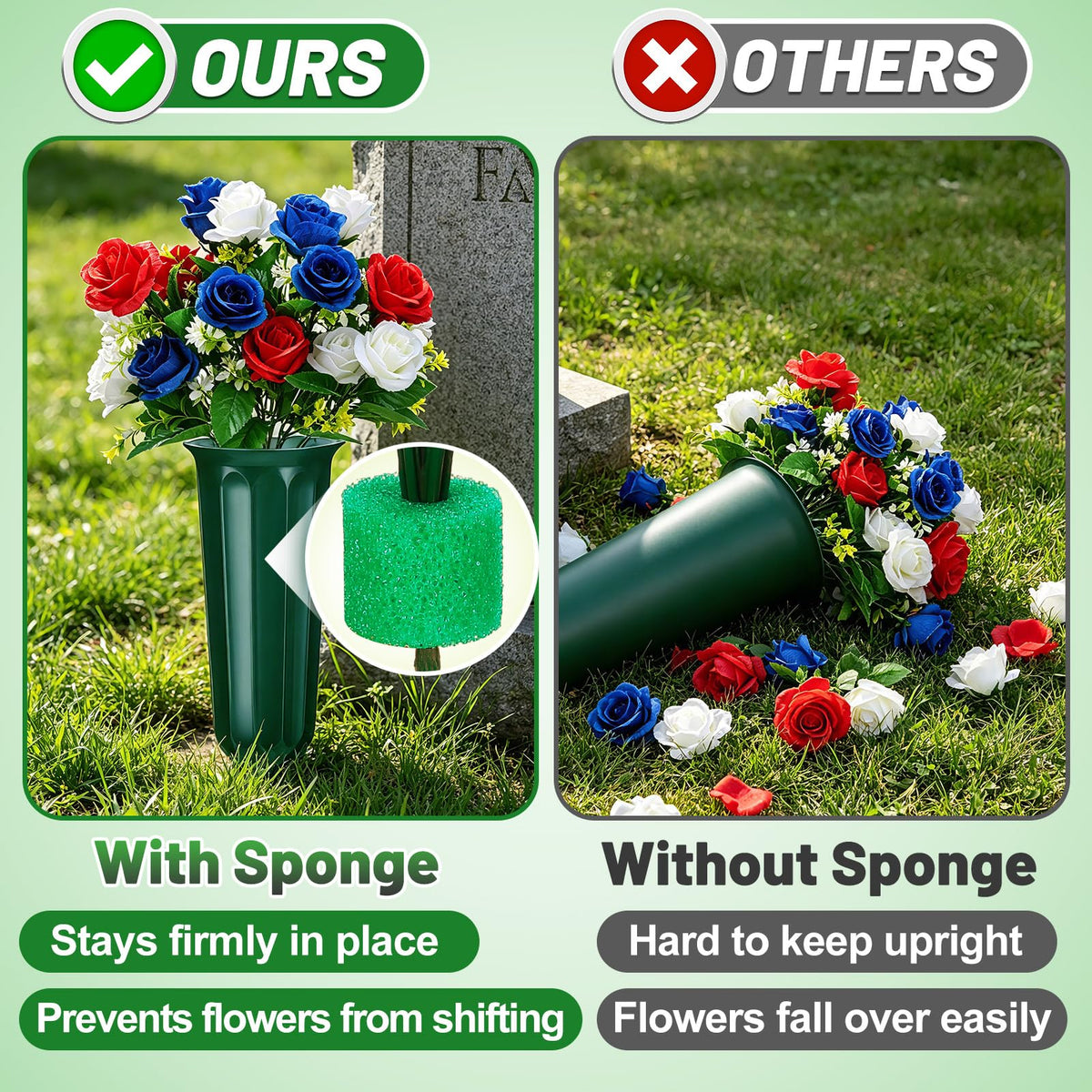 Aulock foam inserts ensure secure bouquet placement in the vases.