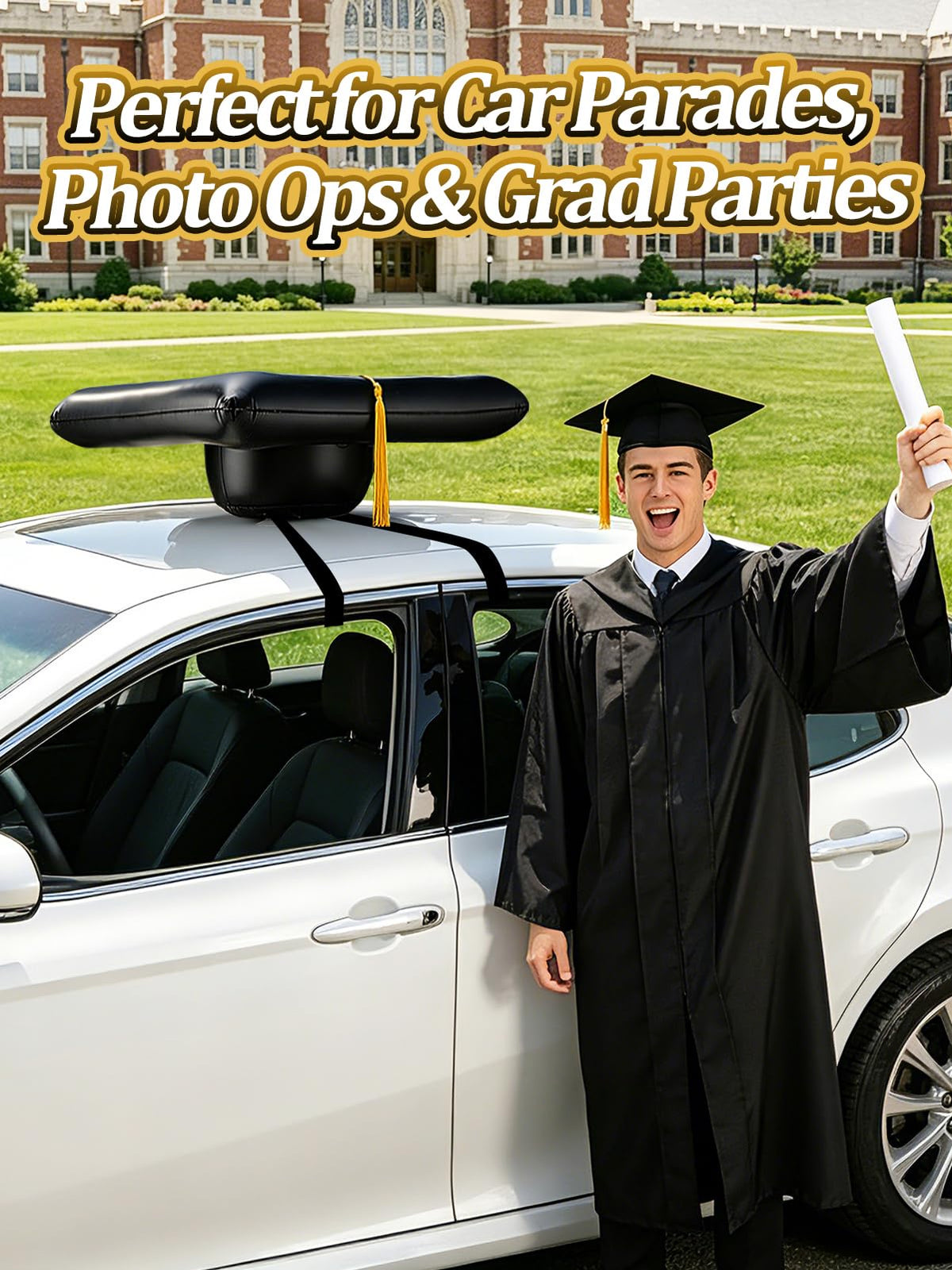 Aulock graduation cap with yellow tassel adds festive color to parades