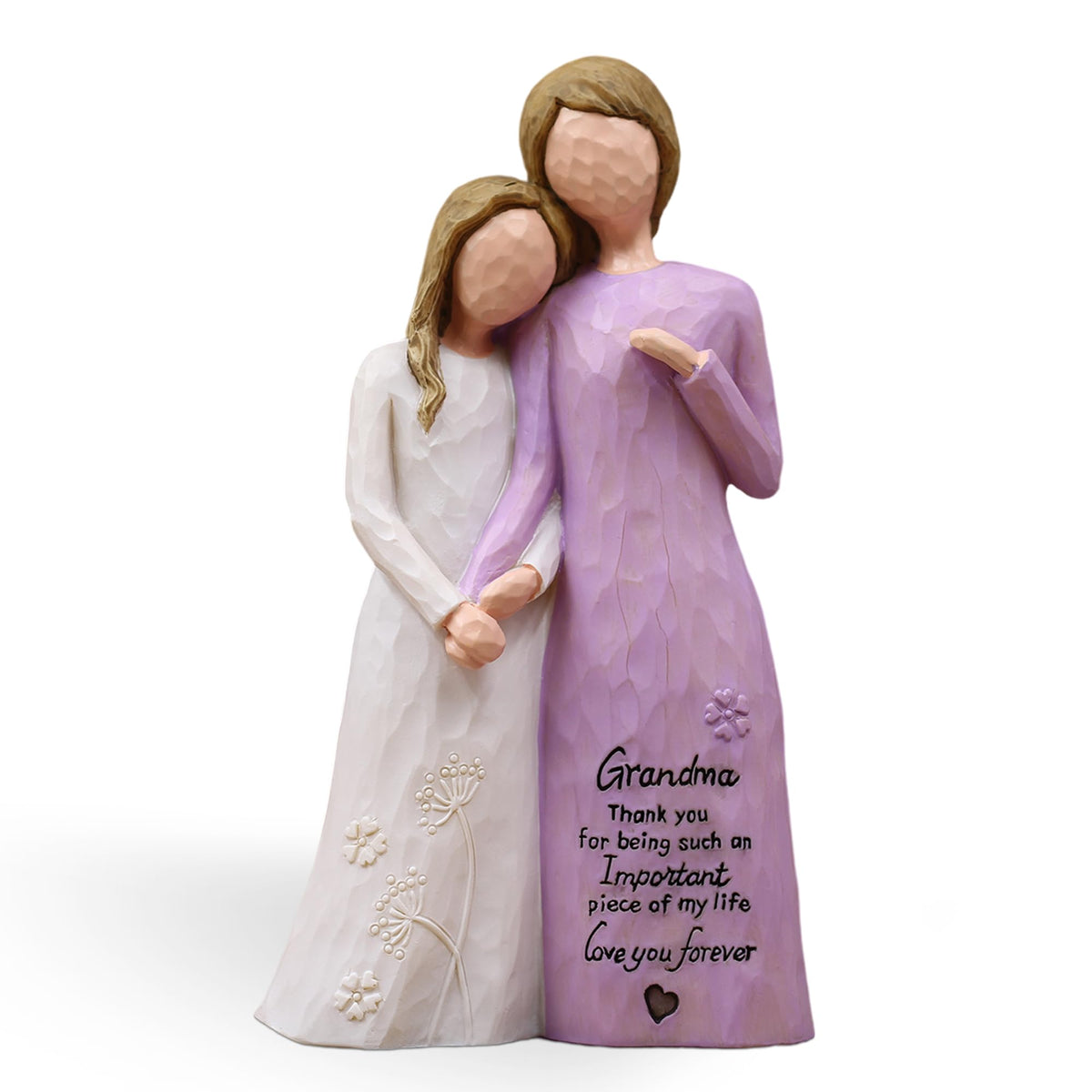 AUMELO grandma-granddaughter embrace figurine purple, front view, timeless keepsake for grandma.