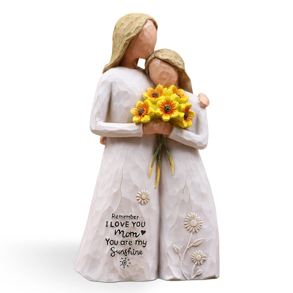 AUMELO mom-daughter figurine with sunflowers on a shelf, timeless keepsake of love.