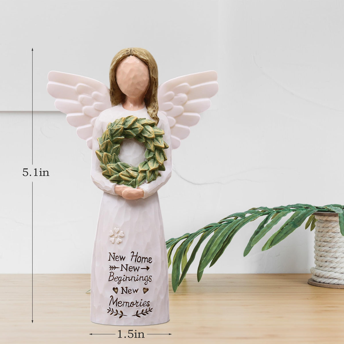 AUMELO angel with green leaf wreath adds charm to shelves or desks
