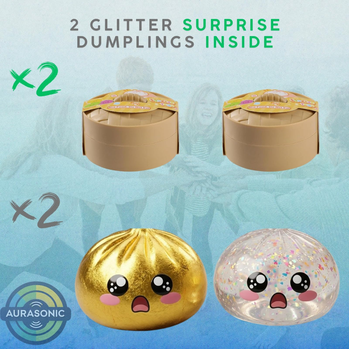 Aurasonic Glitter Dumplings on a desk add playful decor touch.