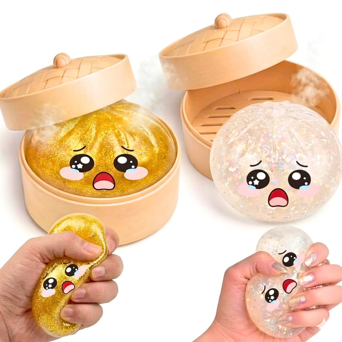 Aurasonic Glitter Dumpling Squishy inside steamer-style display box for desk decor.