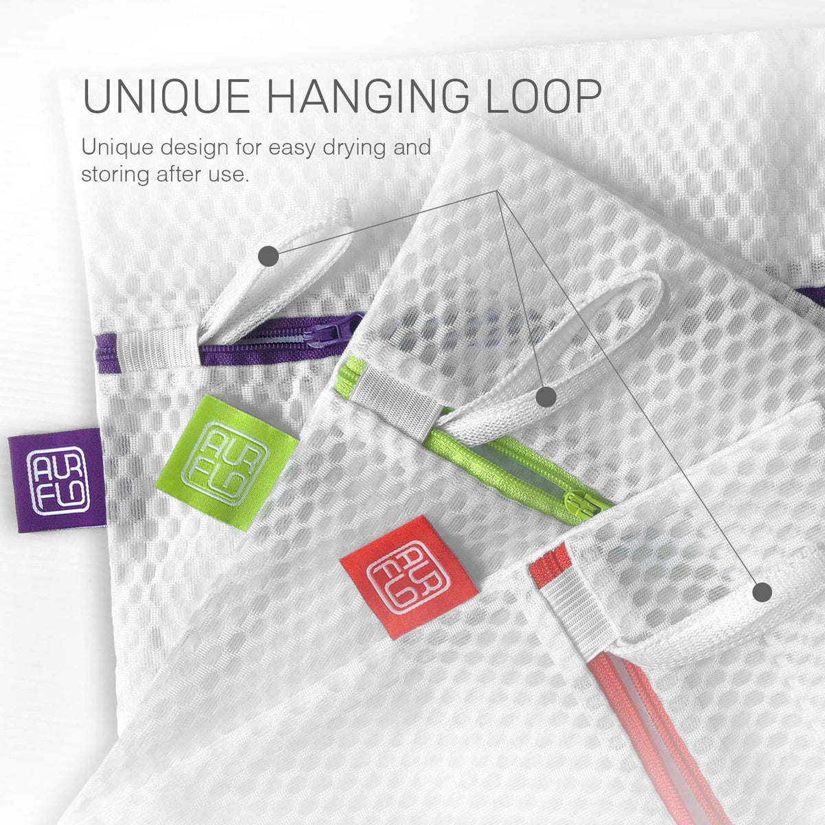 AURFLO color-coded bag set for easy sorting of garments and delicates.