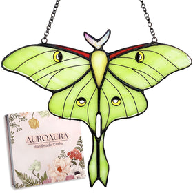 AuroAura Green Luna Moth stained glass window hanging catching sunlight in vibrant prisms.