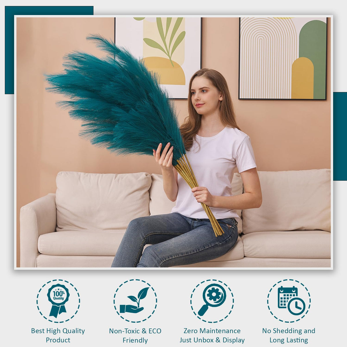 Aurora Prime blue pampas grass non-shedding and safe for indoor spaces.